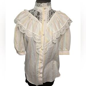 Vtg 70s Pastel Striped Sheer Lace Ruffled Boho Victorian Top Womens M Coquette